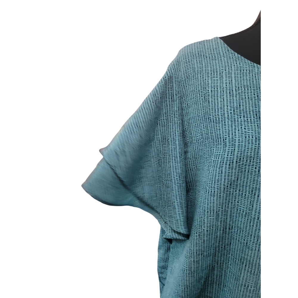 Simply Styled Sears Teal Blue Black Dash Print Ruffle Sleeve V-Back Blouse L - Picture 2 of 6